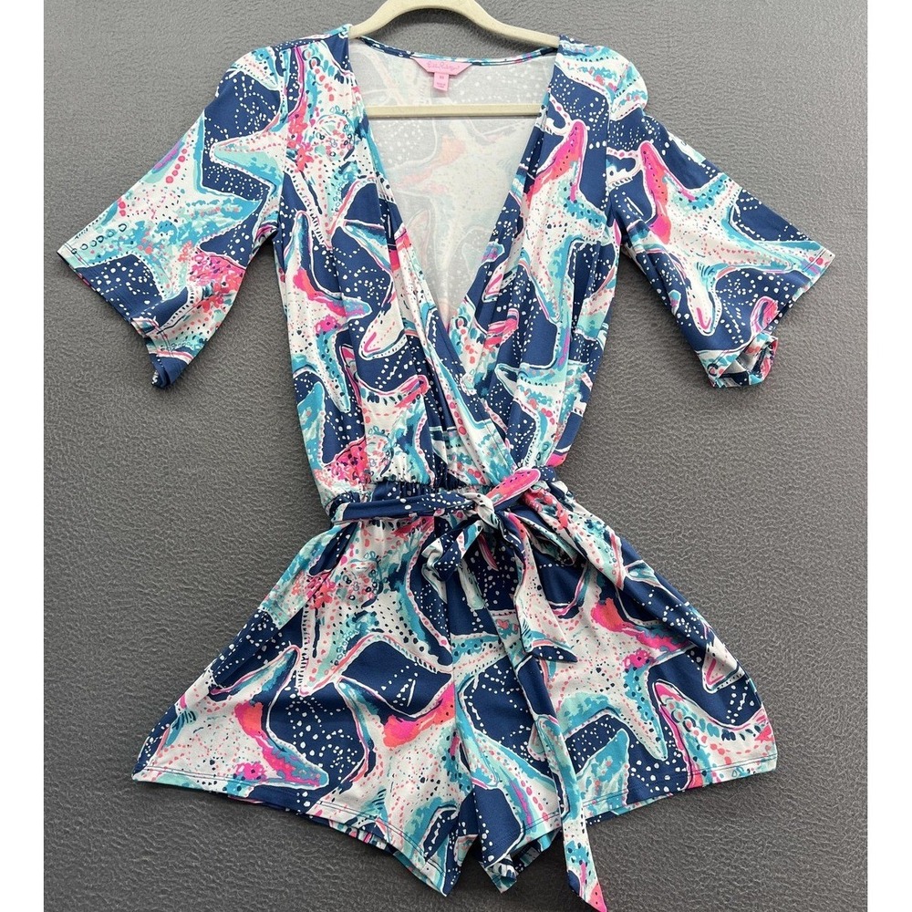 Lilly Pulitzer Romper Womens XS Blue Pink Starfish Floral Jersey Half Sleeve Tie